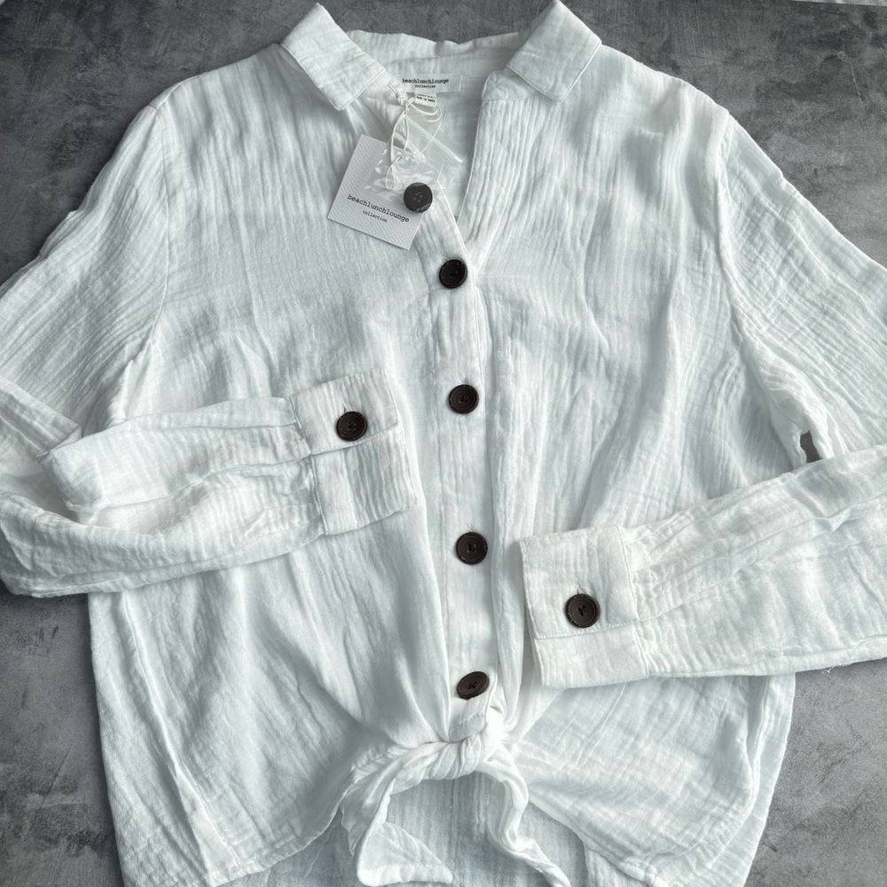 Beachlunchlounge Nox Crinkle Gauze Tie Front Button‎ Up Shirt White XS Casual - Picture 5 of 14